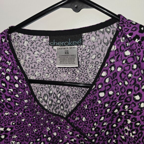 Cherokee Scrub Top Purple Black White Animal Print Wrap Look Size XS - Picture 5 of 6